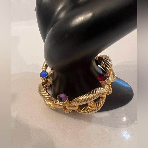 Vtg 80s cabochon Gems and Rhinestones Gilt metal rope twist link Bracelet - Picture 9 of 10